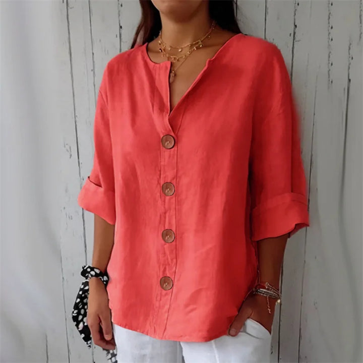 Brona – Loose Linen Blouse with Buttons and V-Neck
