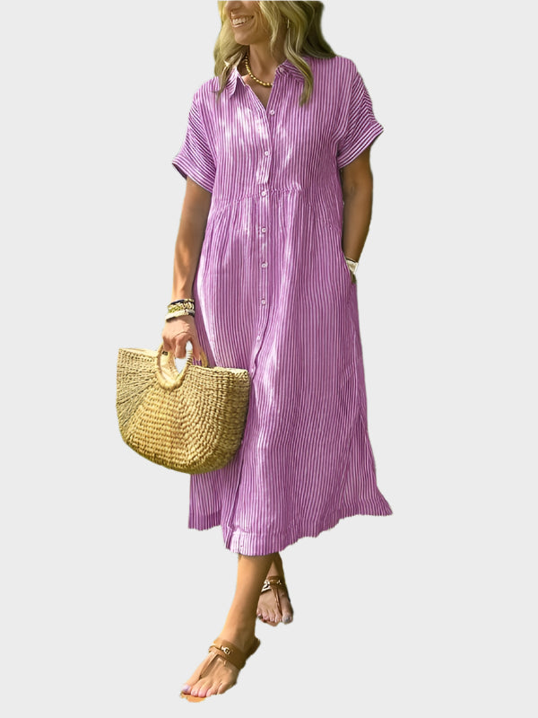 Niamh – Striped Shirt Dress with Wing Details, Buttons and Pockets