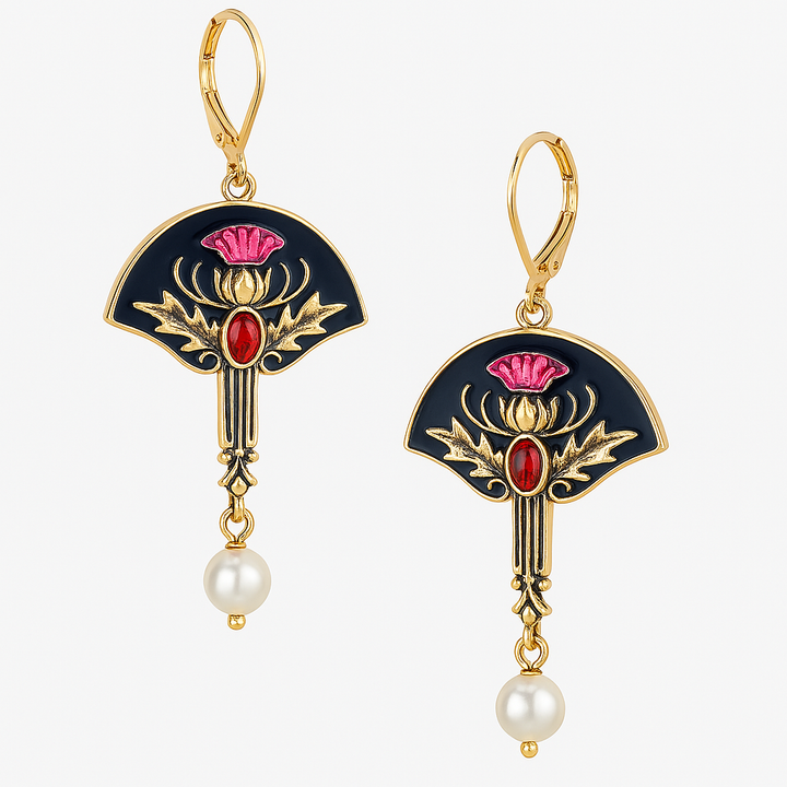 Boho Earrings with Pearl and Red Crystal
