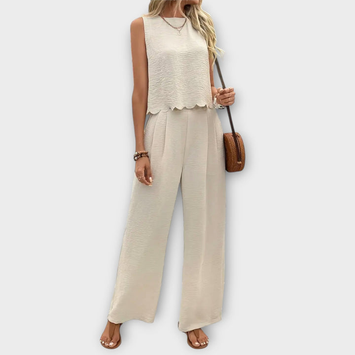 Valeria – Ruffle-Trim Top and Long Trousers Set