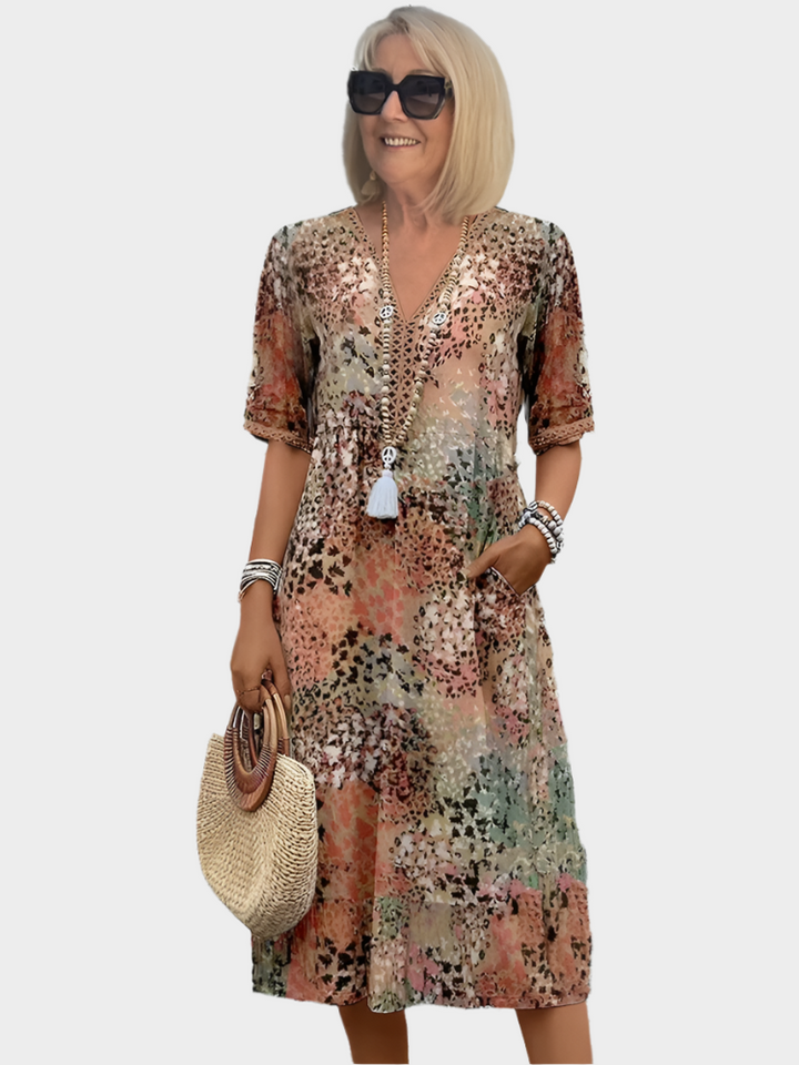 Florina – Sheer Linen Dress with Summer Pattern and V-Neck