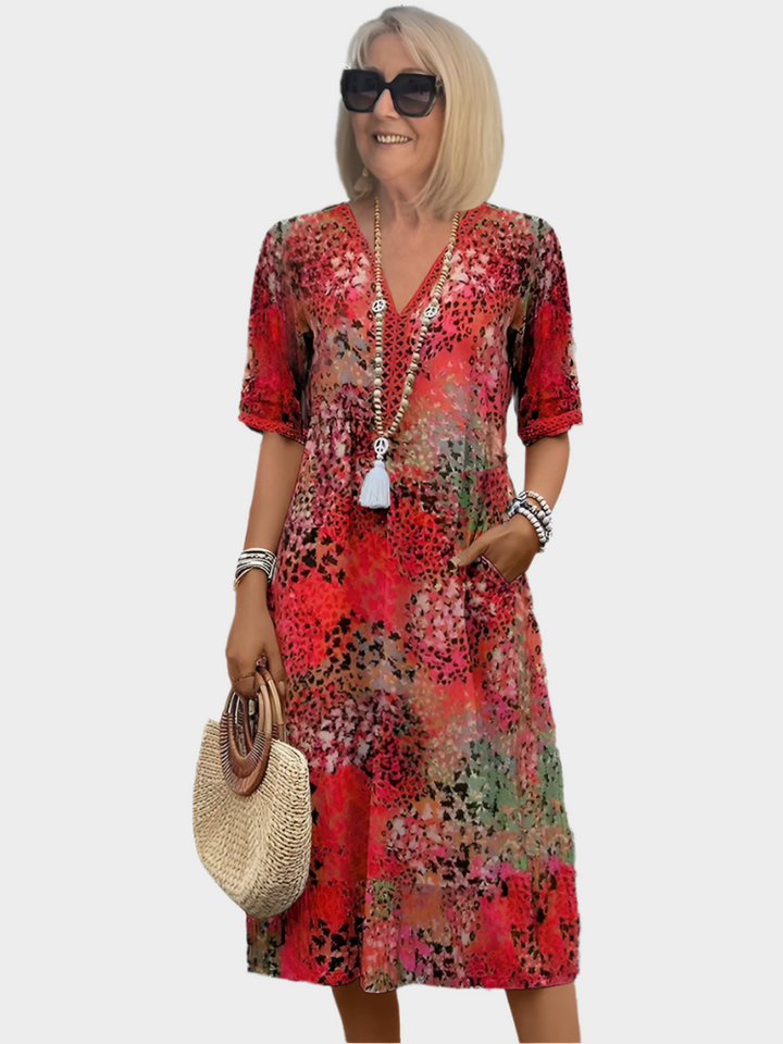 Florina – Sheer Linen Dress with Summer Pattern and V-Neck