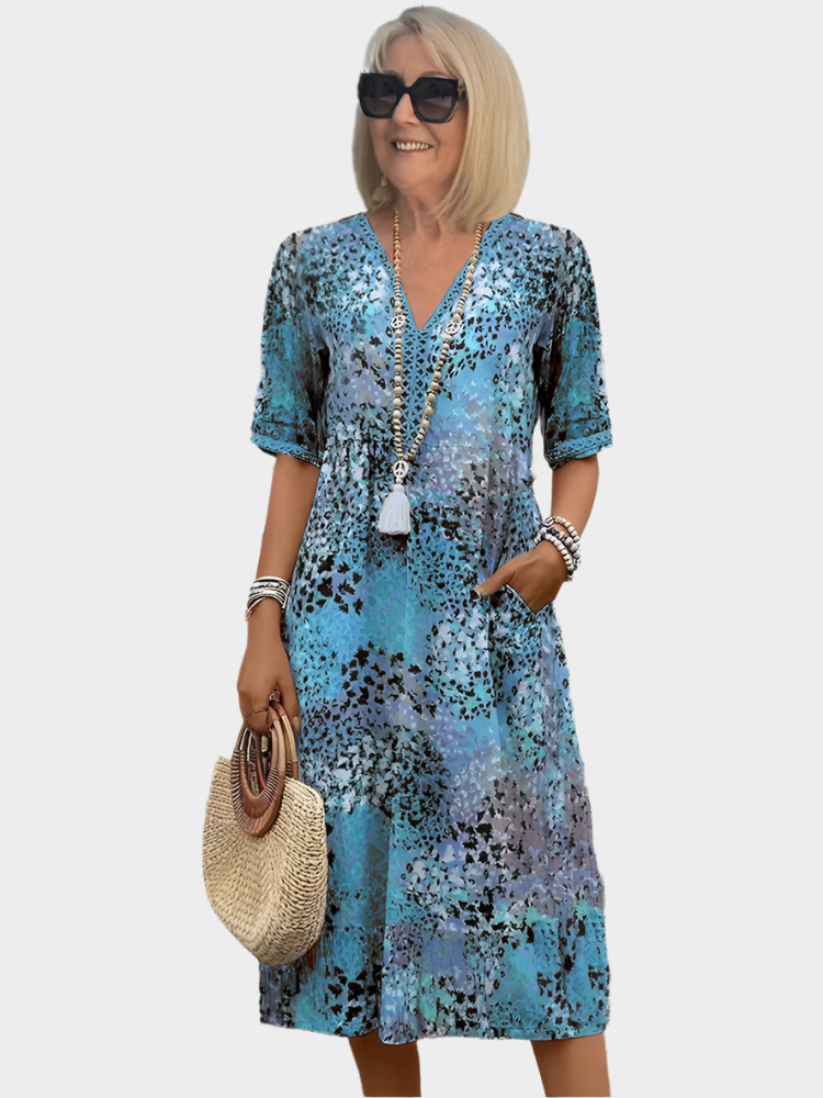 Florina – Sheer Linen Dress with Summer Pattern and V-Neck