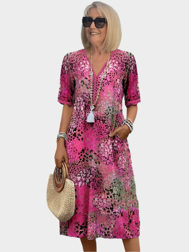 Florina – Sheer Linen Dress with Summer Pattern and V-Neck