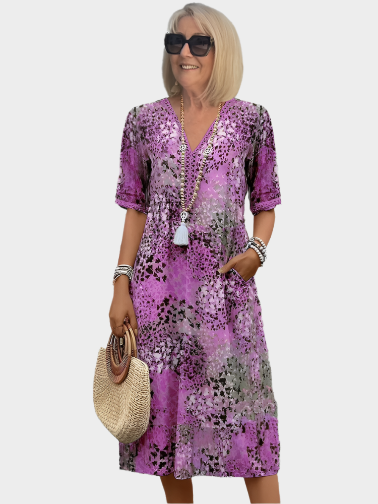 Florina – Sheer Linen Dress with Summer Pattern and V-Neck