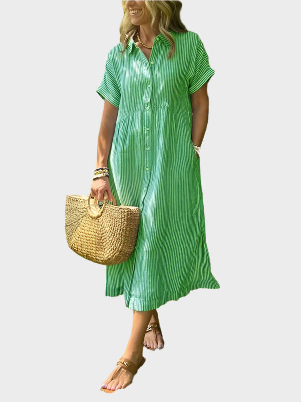 Niamh – Striped Shirt Dress with Wing Details, Buttons and Pockets