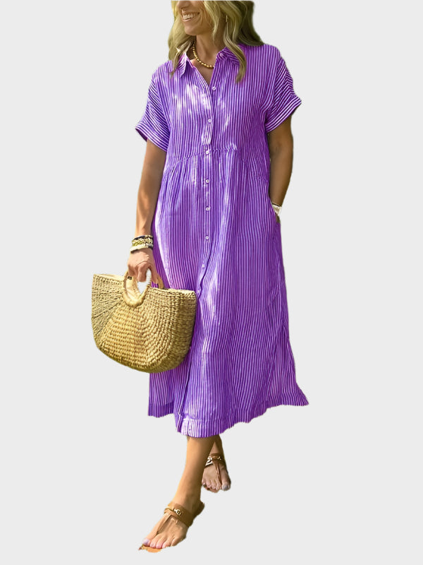 Niamh – Striped Shirt Dress with Wing Details, Buttons and Pockets