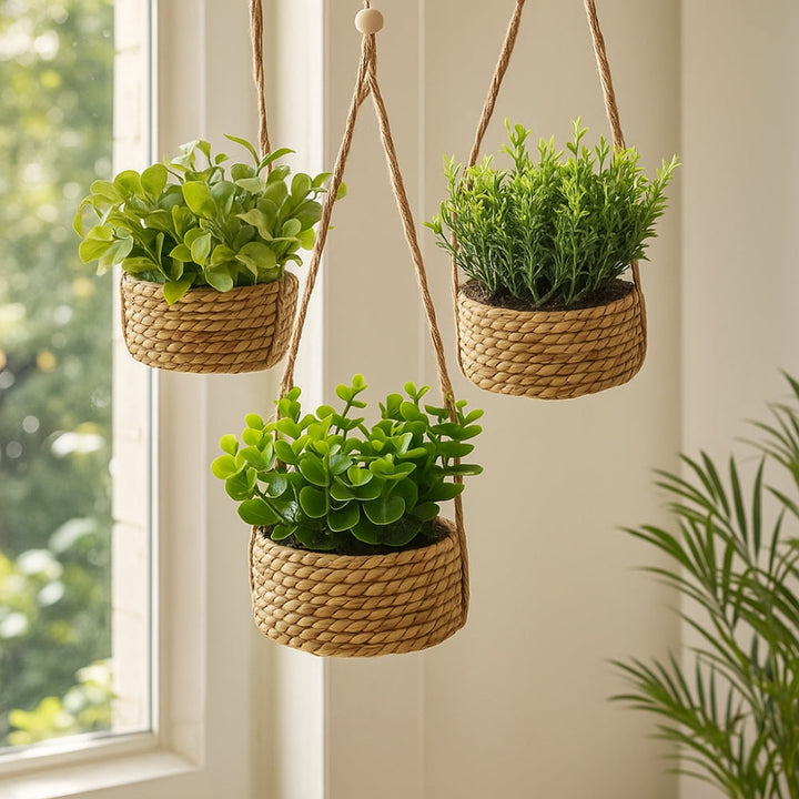 Artificial Hanging Plants in Woven Baskets