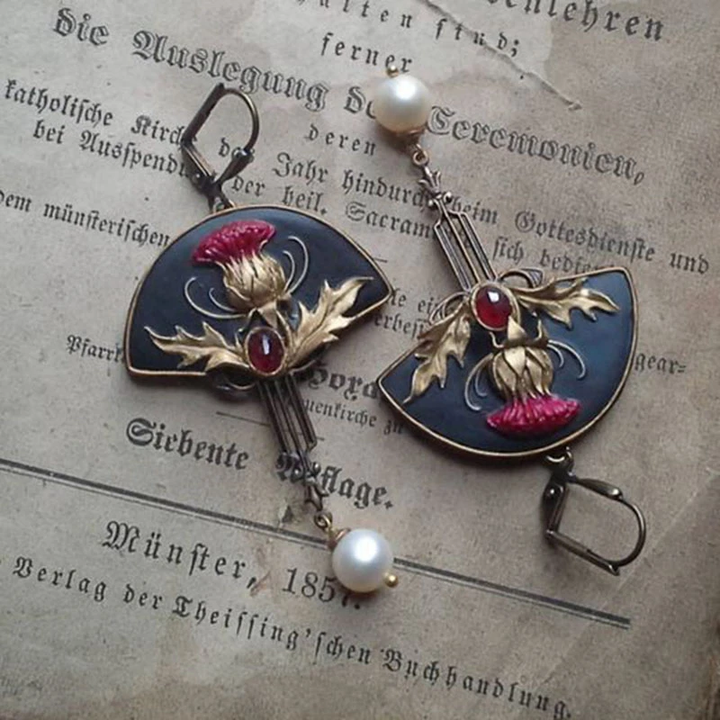 Boho Earrings with Pearl and Red Crystal