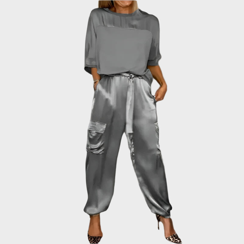 Aoibhinn – Satin Set with Top and Cargo Trousers